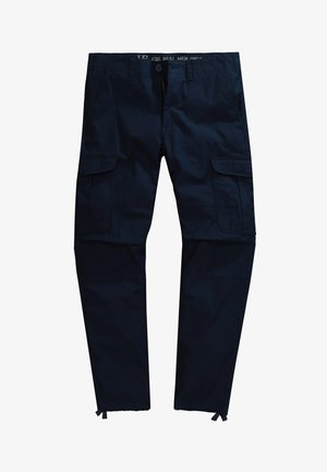 Marine-farbene Cargo-Hosen aus Baumwollmischung. Sie verfügen über mehrere Seitentaschen, einen Reißverschluss und verstellbare Bündchen am Saum. Glatte Textur.