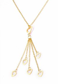 Auksinė kaklo grandinėlė su širdies formos pakabuku centre, nuo kurio kyšo penkios grandinėlės, kiekvienos gale - mažas atviras širdelės žavesys.