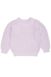 Pulover tricotat lila cu guler rotund, manșete și margine cu nervuri. Prezintă un model texturat și o croială lejeră.