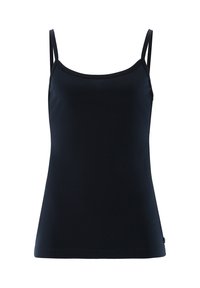 Schwarzes Tanktop mit dünnen Trägern, aus glattem Stoff gefertigt. Hat einen runden Ausschnitt und ist figurbetont ohne zusätzliche Muster oder Akzente.