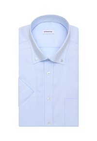 Lichtblauw overhemd met korte mouwen, knoopsluiting, omgeslagen kraag en borstzak, netjes opgevouwen en gelabeld met "seidensticker".