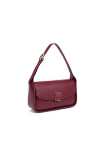Borsa in pelle bordeaux con forma strutturata, manico superiore e un accento in metallo argentato. Texture liscia e design minimalista.