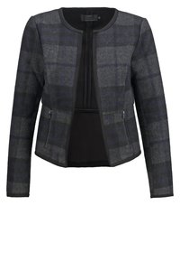 Giacca in misto lana di colore grigio scuro con motivo a quadri, dotata di scollatura rotonda, chiusura frontale con zip e tasche laterali con zip.