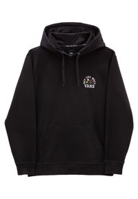 Zwarte hoodie met een voorzak, verstelbare trekkoorden en een logo met tekst en een rozenontwerp op de borst. Van katoen.