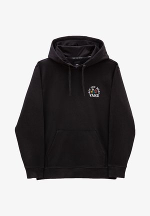 Felpa nera con cappuccio, tasca frontale, stringhe regolabili e un logo che presenta testo e un design di rosa sul petto. Materiale in cotone.