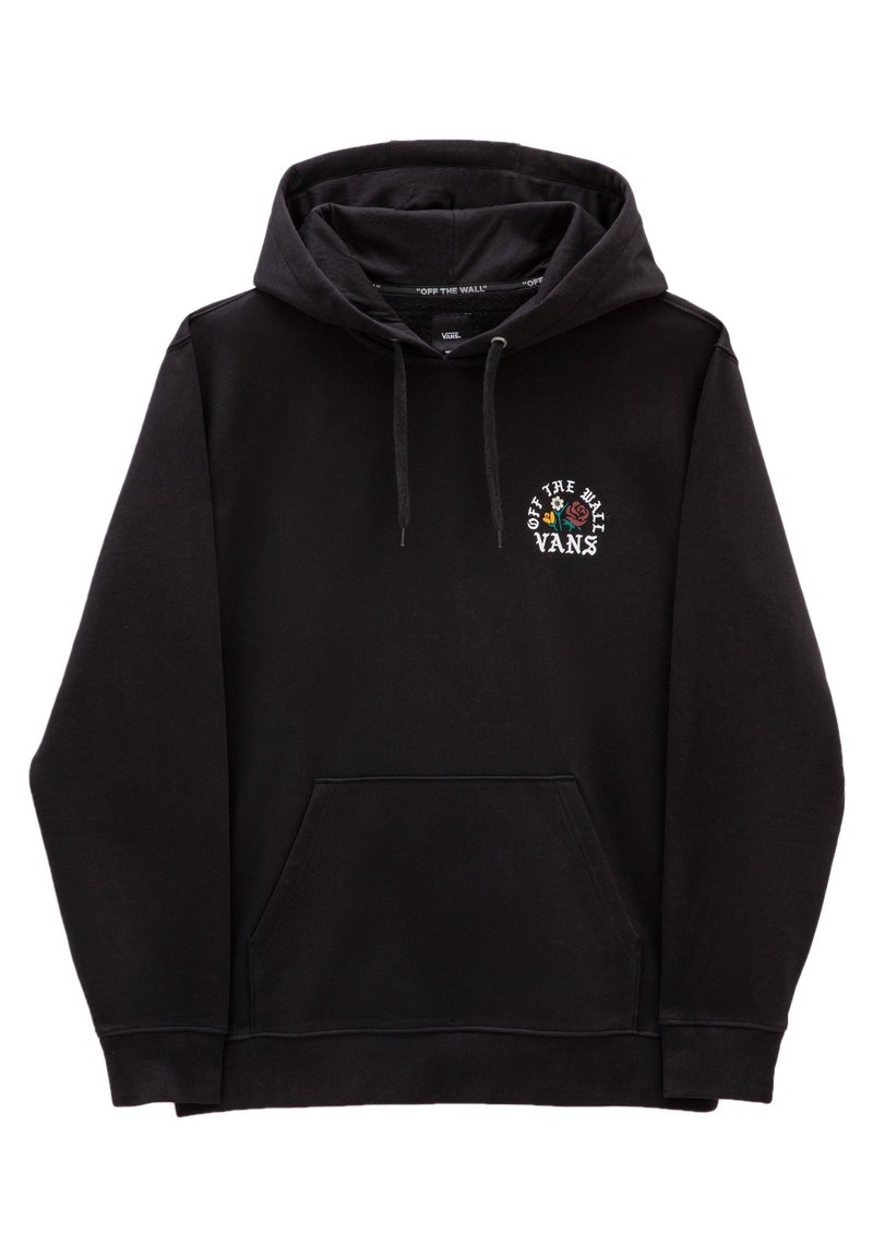 Zwarte hoodie met een voorzak, verstelbare trekkoorden en een logo met tekst en een rozenontwerp op de borst. Van katoen.