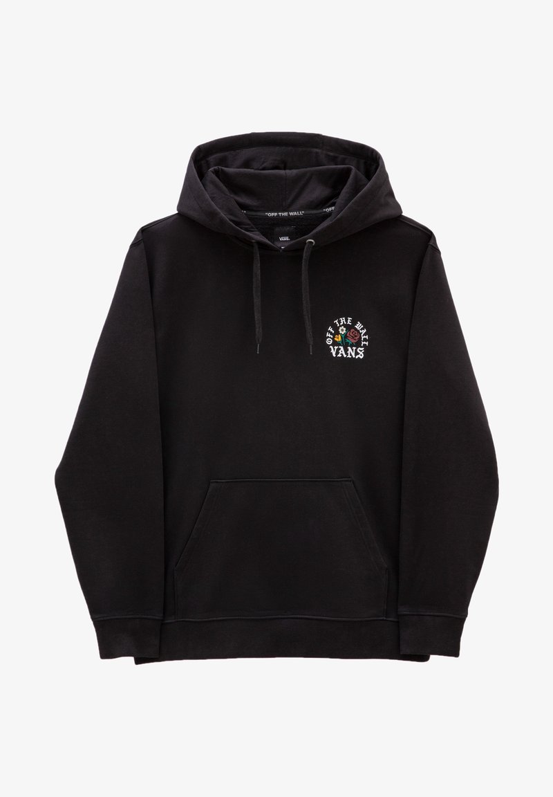 Zwarte hoodie met een voorzak, verstelbare trekkoorden en een logo met tekst en een rozenontwerp op de borst. Van katoen.