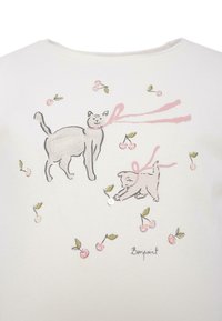 Katoenen T-shirt in off-white met speelse illustraties van twee katten, roze linten en kersenmotieven, verfraaid met pailletten.