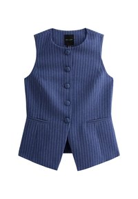 Marineblauwe mouwloze vest met verticale witte strepen, vijf knopen aan de voorkant en twee zijzakken; gemaakt van een gestructureerde stof.