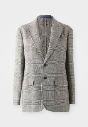 Gray check-patterned blazer made of textured fabric, featuring a classic lapel, two front pockets, and two black buttons.
