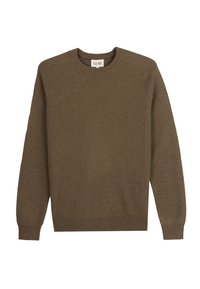 Brun ribbstickad tröja med rund halsringning och långa ärmar, med en mjuk textur och subtilt horisontellt mönster.