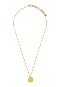 Collier en or avec une fine chaîne et un pendentif en forme de charme rond martelé. La chaîne comprend un fermoir de type homard et une longueur ajustable avec des maillons supplémentaires.