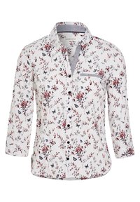 Chemise à motifs floraux avec un fond blanc, des fleurs rouges et bleues, des motifs de papillons, des manches longues et une poche poitrine.