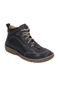 Bottines en cuir bleu marine avec des lacets beige, une semelle texturée marron et des détails de couture contrastants. Comprend une languette pour un enfilage facile.