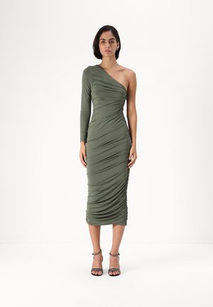 Olive green, one-shoulder midi dress with ruched design and smooth texture, featuring a full-length sleeve and body-hugging silhouette.