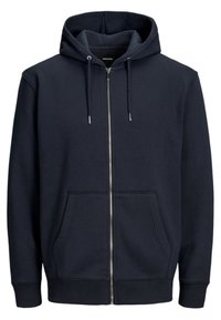 Sudadera con cremallera en color navy, hecha de una tela suave, con una cremallera frontal, capucha con cordón y dos bolsillos frontales, además de puños y dobladillo acanalados.