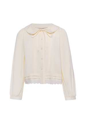 Blusa crema a maniche lunghe con collo alla Peter Pan, chiusura frontale con bottoni, fiocco, pieghe verticali e bordo in pizzo sull'orlo.