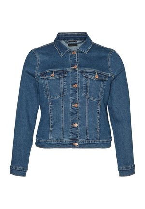 Džínová bunda v tmavě modré barvě s vypasovaným střihem, která má dvě náprsní kapsy, měděné knoflíky a zkrácený lem. Klasický límeček.