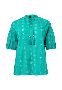 Turquoise katoenen blouse met korte, gepofte mouwen, geborduurde bloemenpatronen, striksluiting met kwastjes en een ronde halslijn.