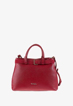 Borsa a mano in pelle rossa con superficie testurizzata, fascia superiore con fibbia, doppio manico e tracolla rimovibile.