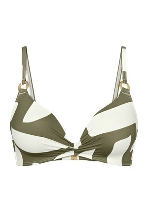 Grün-weiß gemustertes Bikinioberteil mit dreieckigem Design, goldfarbenen Metallakzenten und einem verknoteten Mittelteil.