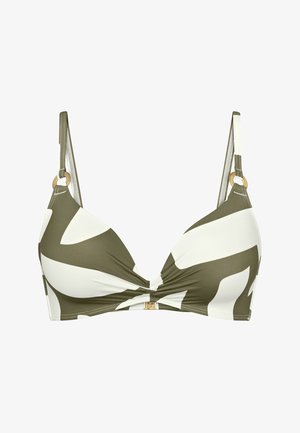 Grün-weiß gemustertes Bikinioberteil mit dreieckigem Design, goldfarbenen Metallakzenten und einem verknoteten Mittelteil.