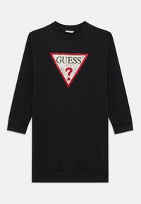 Svart sweatshirtkjole med lange ermer, prydet med et glitrende rødt og sølvfarget trekantdesign, sentrert "GUESS®"-logo, ribbede mansjetter og nederkant.
