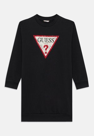 Robe sweat noire à manches longues, dotée d'un design triangulaire scintillant rouge et argenté, logo « GUESS® » centré, poignets et ourlet côtelés.