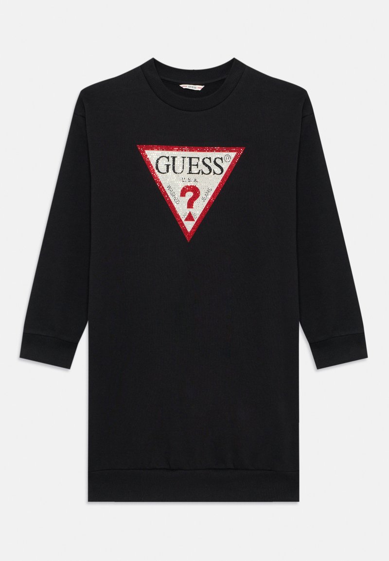 Mustmustelne dress pikkade varrukatega, millel on sädelev punane ja hõbedane kolmnurkne mustris, keskendunud "GUESS®" logo, soonikuga varrukasotsad ja äär.