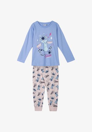 Pyjama pour enfants composé d'un haut à manches longues bleu avec le personnage Stitch et d'un pantalon rose clair orné de multiples poses et logos de Stitch.