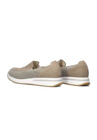 Beige slip-on shoes with a mesh upper and suede accents, featuring a white midsole and a textured rubber outsole for grip.