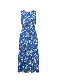 Robe midi sans manches bleue et blanche à motif floral, avec un col rond et une taille élastique, présentant des motifs abstraits de rose.