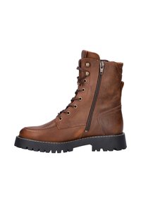 Bruine leren veterschoenen met een zijrits, robuuste zool, metalen oogjes en gestikte details. Voorzien van een gevoerde kraag voor extra comfort.