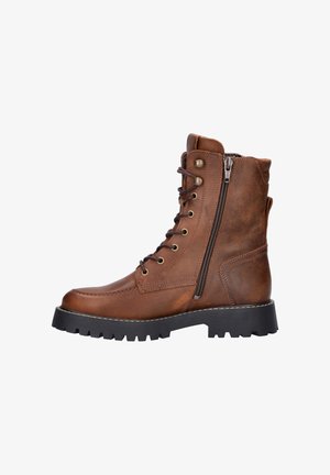 Bruine leren veterschoenen met een zijrits, robuuste zool, metalen oogjes en gestikte details. Voorzien van een gevoerde kraag voor extra comfort.