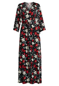 Maxikjol i svart tyg med blommönster i röd och vit, V-ringning, långa ärmar och ett knytbart midjebälte.