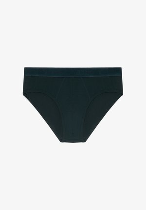 Black men’s briefs with visible stitching and an elastic waistband featuring subtle brand text.