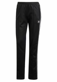 Czarne spodnie dresowe wykonane z miękkiego materiału, z białymi paskami po bokach i haftowanym logo na lewym udzie. W zestawie elastyczny pas.