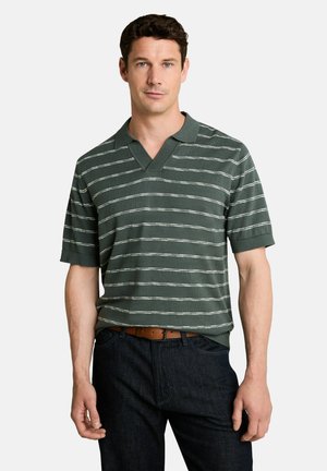 Man met kort bruin haar, gekleed in een groen-wit gestreept poloshirt met korte mouwen en donkere jeans met een bruine riem.