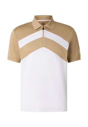 Kurzärmliges Poloshirt mit beigem Oberteil, weißem Unterteil, weißen Chevron-Streifen und einem Reißverschluss vorne unter dem Kragen.