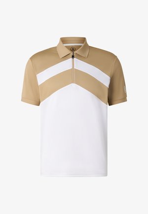 Polokošile s krátkým rukávem s béžovou horní částí, bílou spodní částí, bílými šipkovými pruhy a předním zipem pod límcem.