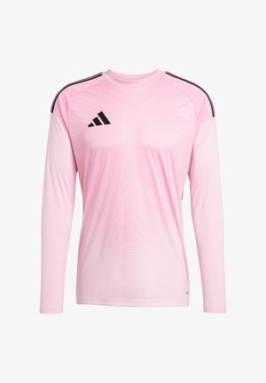 Langdurige sportshirt met lange mouwen in lichtroze, met zwart driedubbel streepontwerp op de schouders en logo op de borst; lichtgewicht, gladde stoftextuur.