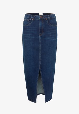 Dunkelblaue Jeansrock, taillierte Passform, knielang mit einem Schlitz vorne, Fünf-Taschen-Design und kontrastierenden Nähdetails.