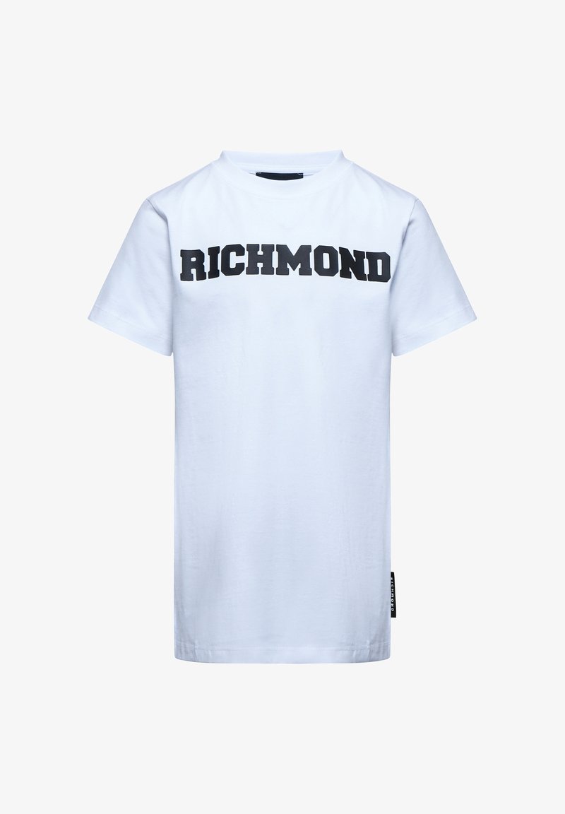 T-shirt en coton blanc à manches courtes, arborant un graphique noir audacieux "RICHMOND" sur la poitrine ; design standard à col rond.