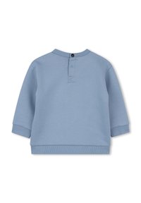 Sweatshirt bleu clair à manches longues avec un col rond, doté d'une patte de boutonnage au dos et de poignets et ourlet côtelés. Texture douce.