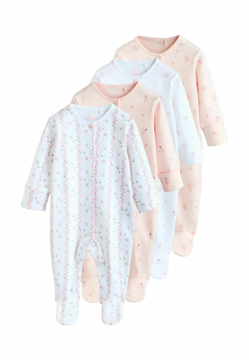 Fire babydragt: to i blød lyserød, to i hvid med lyserødt blomsterprint, med lange ærmer og trykknapper. Blødt bomuldsmateriale.