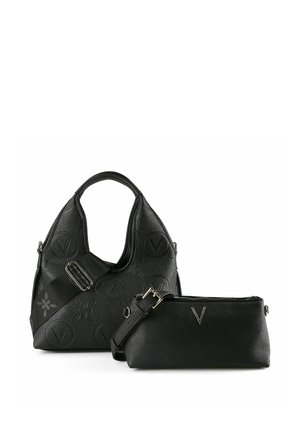 Black synthetic leather handbag with a slouchy design, embossed floral and logo patterns. Includes a smaller matching pouch with a zipper.