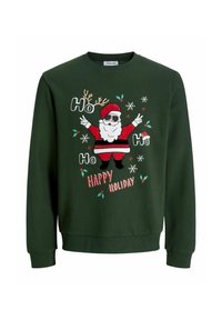 Tmavě zelená mikina s kulatým výstřihem má vyšitý design Santy, který je doplněn slunečními brýlemi a svátečním textem kolem něj.
