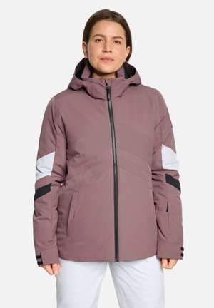 Purple waterproof jacket with hood, diagonal panel design in lighter purple and black accents. Features a front zipper and side pockets.