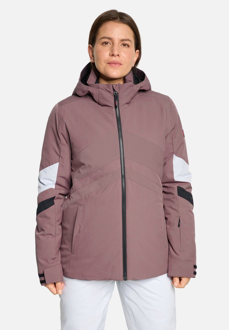 Lila wasserdichte Jacke mit Kapuze, diagonales Paneldesign in hellerem Lila und schwarzen Akzenten. Verfügt über einen Frontreißverschluss und Seitentaschen.