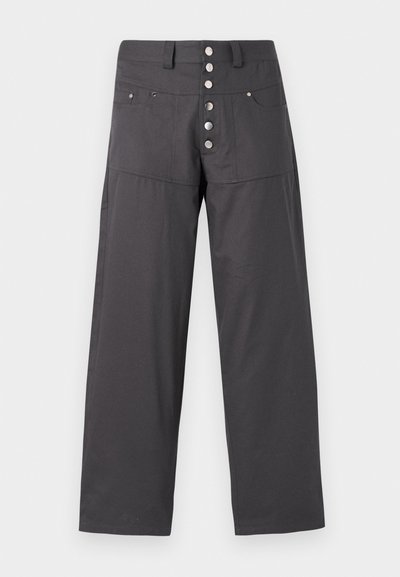 Gray wide-leg pants made of lightweight fabric, featuring a button-fly closure with five metallic buttons and two front pockets.